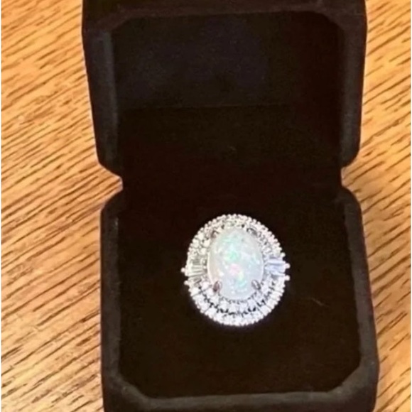 14K White Gold Ring Opal 5CT Halo Diamond Oval Baguette Wedding Engagement - Picture 11 of 11